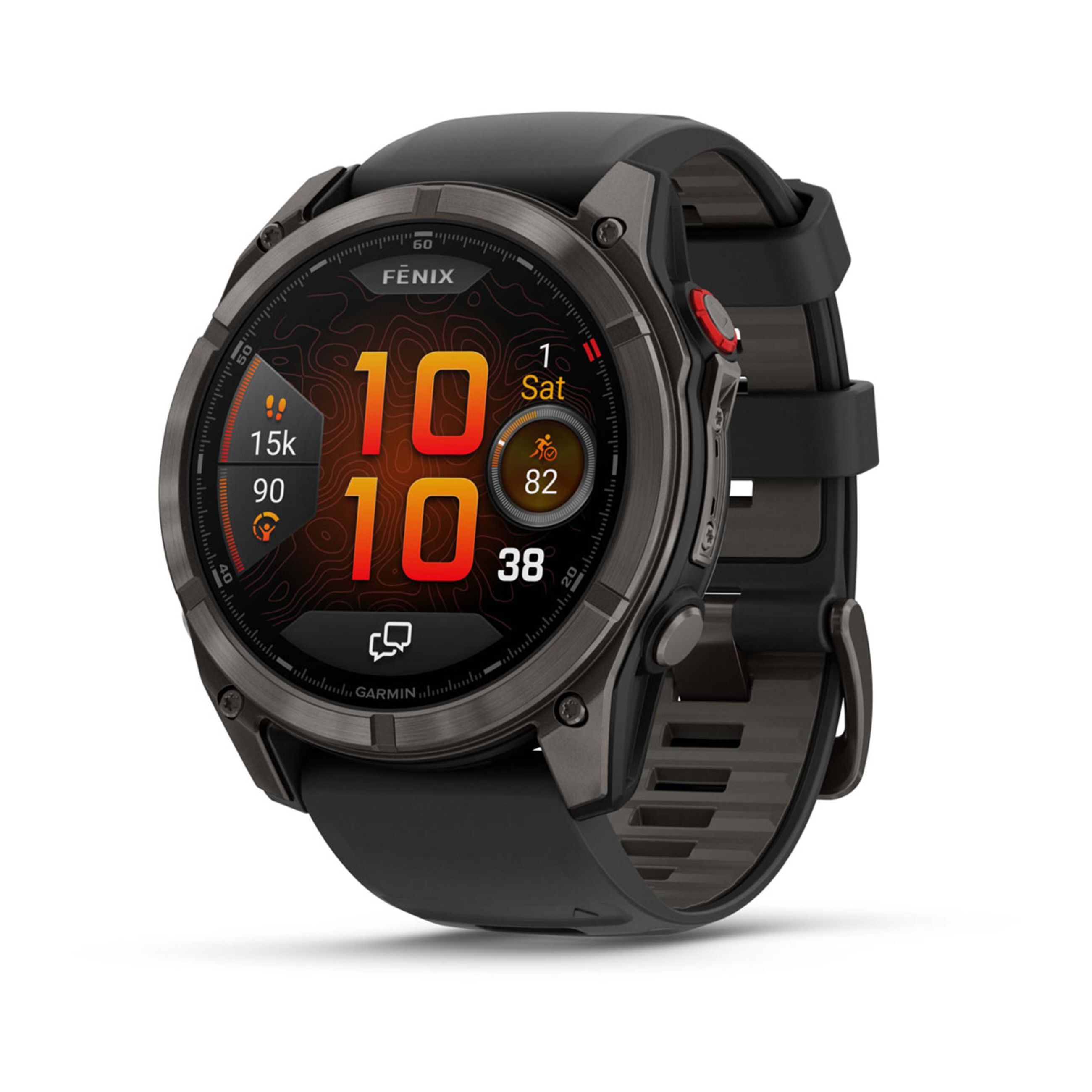 FēNix 8 – 43 Mm, Amoled - Sapphire, Carbon Gray Dlc Titanium With Black/Pebble Gray Silicone Band